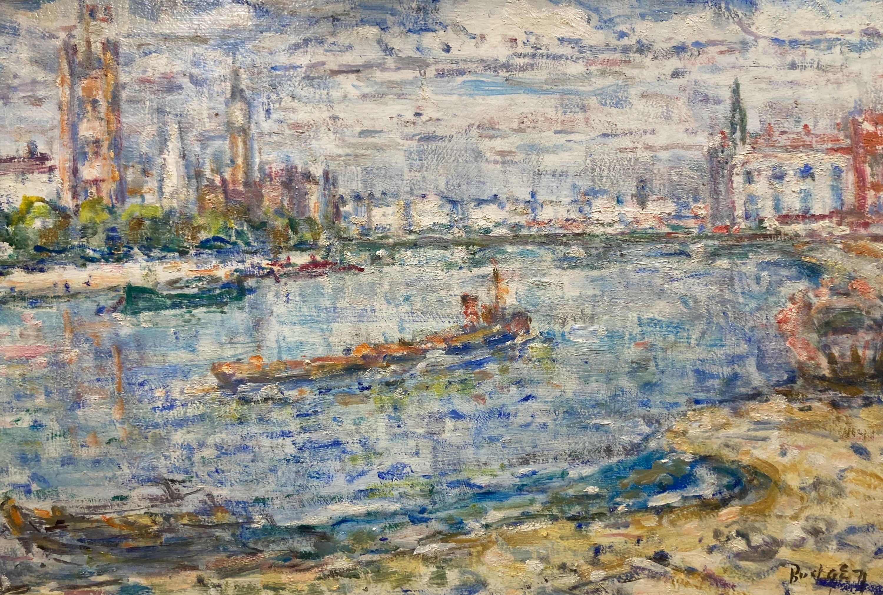 Frank Spencer Curtis Budgen (1882-1971), oil on board, Westminster, Summer, signed, 37 x 54cm.